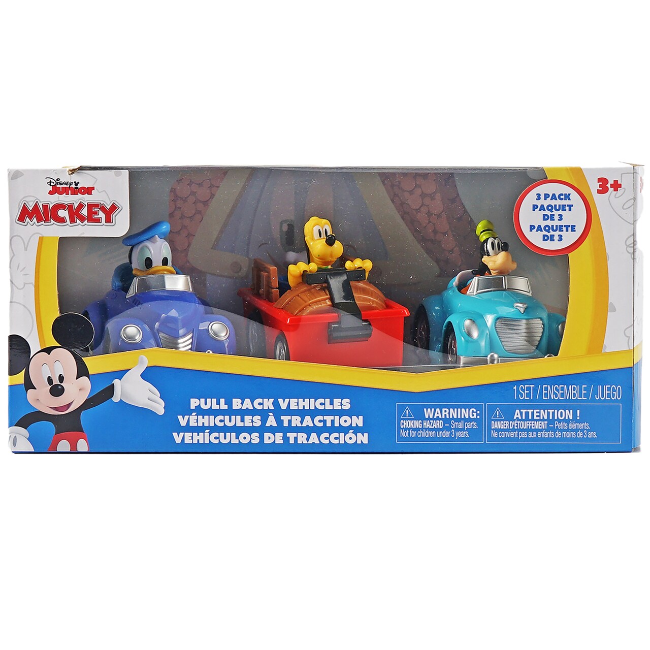 Disney Junior: 3 Pack Pull-Back Toy Vehicles - Donald, Goofy & Pluto - 3.75" Cars, 3 Characters, Friction Vehicle Toy Playset, Toddlers & Kids Ages 3+
